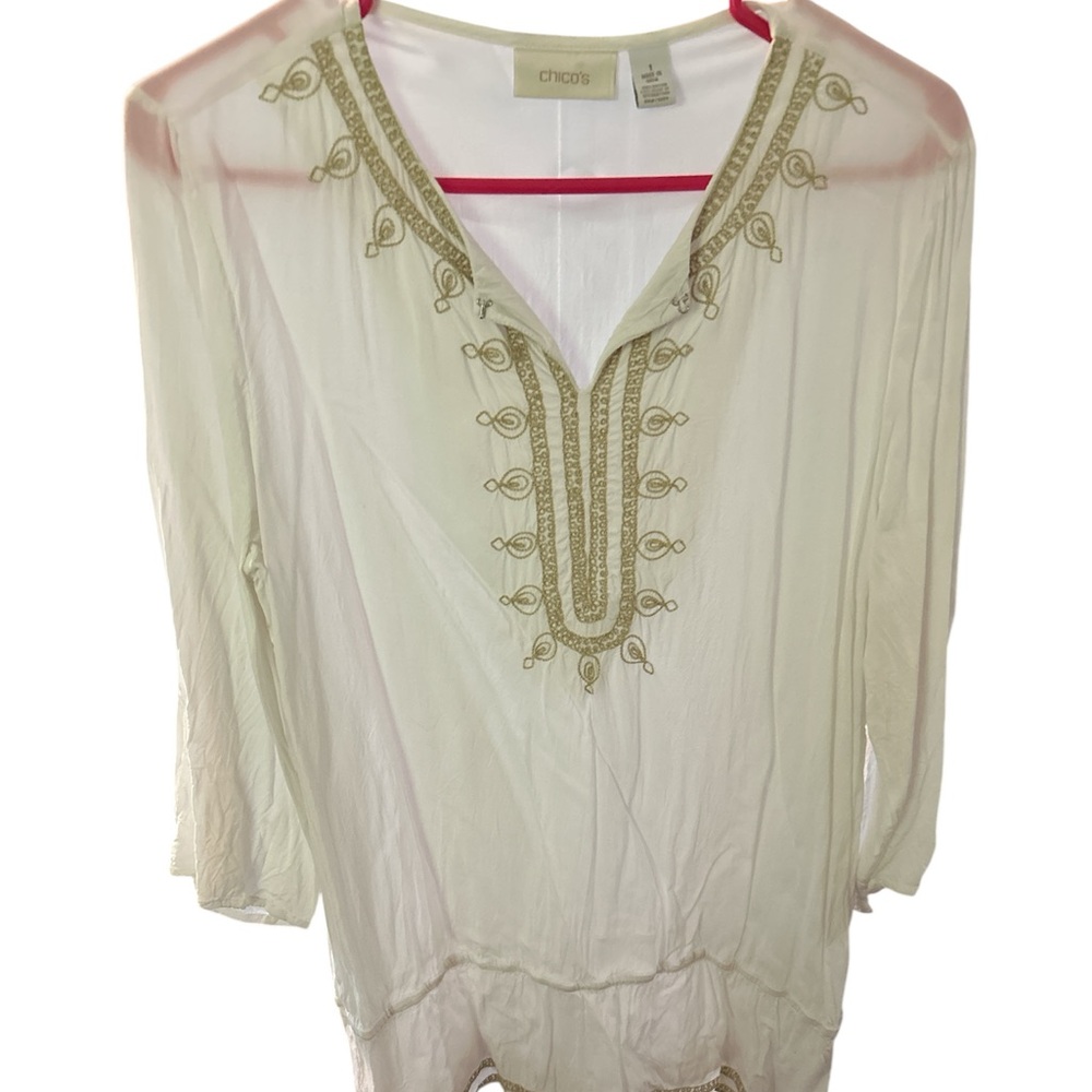 Chico's White Embellished Tunic with Three-Quarter Sleeves PTP 20 L 28
